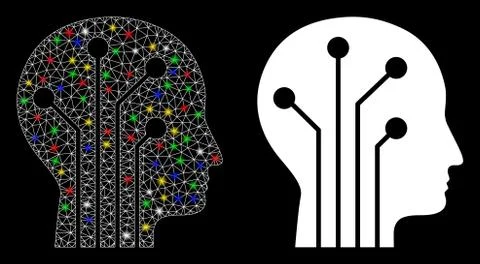 Bright Mesh Wire Frame Cyborg Head Circuit Icon with Light Spots Stock Illustration