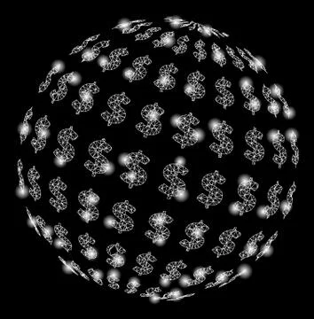 Bright Mesh Wire Frame Dollar Abstract Sphere with Flash Spots Stockillustratie