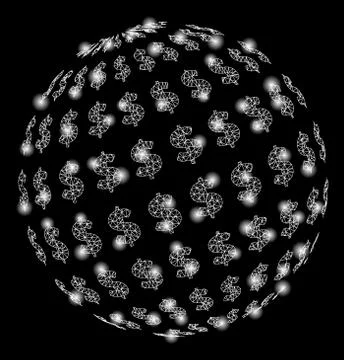 Bright Mesh Wire Frame Dollar Abstract Sphere with Flare Spots Stock Illustration