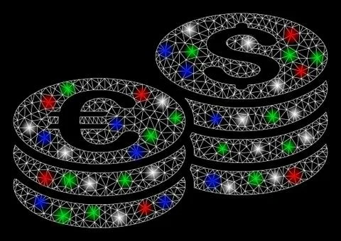 Bright Mesh Wire Frame Dollar and Euro Coin Stacks with Light Spots Stock Illustration