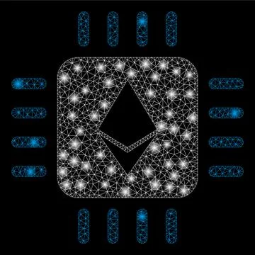 Bright Mesh Wire Frame Ethereum Processor Chip with Flare Spots Stock Illustration