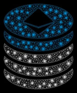 Bright Mesh Wire Frame Ethereum Coin Stack with Light Spots Illustrazione stock