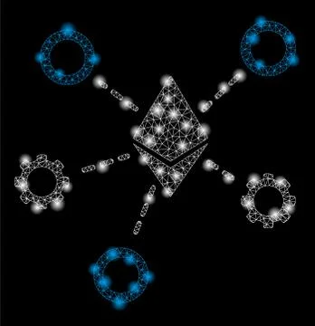Bright Mesh Wire Frame Ethereum Network Nodes with Light Spots Stock Illustration