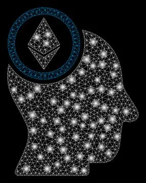 Bright Mesh Wire Frame Ethereum Mind Head with Flare Spots Illustrazione stock