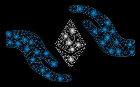 Bright Mesh Wire Frame Ethereum Care Hands with Flare Spots Illustrazione stock
