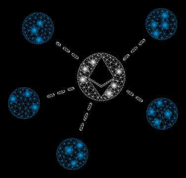 Bright Mesh Wire Frame Ethereum Network with Light Spots 스톡 일러스트