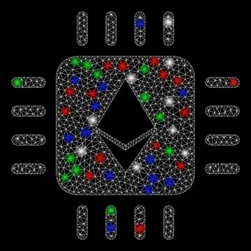 Bright Mesh Wire Frame Ethereum Processor Chip with Flare Spots 스톡 일러스트