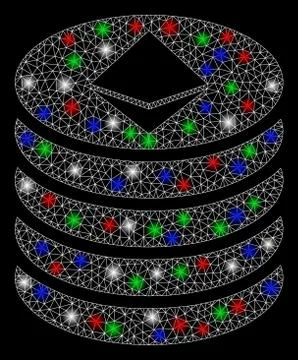 Bright Mesh Wire Frame Ethereum Coin Stack with Light Spots Stockillustratie