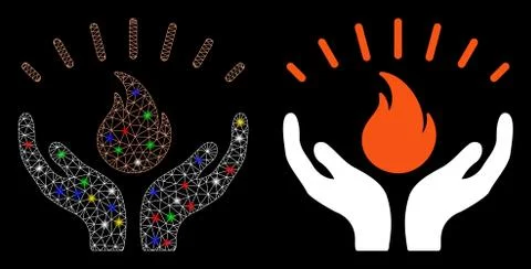 Bright Mesh Wire Frame Fire Care Hands Icon with Flash Spots イラスト素材