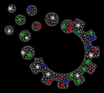 Bright Mesh Wire Frame Gear Disruption with Flare Spots Illustrazione stock