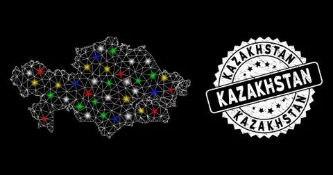 Bright Mesh Wire Frame Kazakhstan Map with Flare Spots and Rubber Stamp Seal Illustrazione stock