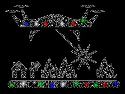 Bright Mesh Wire Frame Laser Drone Attacks Village with Light Spots Illustrazione stock