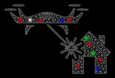 Bright Mesh Wire Frame Laser Drone Attacks House with Flare Spots Stock Illustration