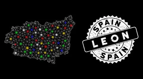 Bright Mesh Wire Frame Leon Province Map with Flare Spots and Grungy Stamp Illustrazione stock