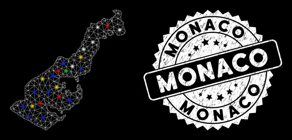 Bright Mesh Wire Frame Monaco Map with Flash Spots and Rubber Stamp Stock Illustration