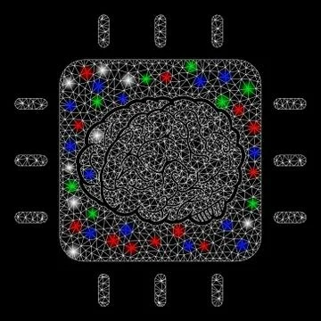 Bright Mesh Wire Frame Neural Processor with Light Spots Stock Illustration