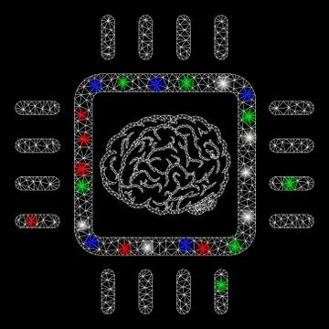 Bright Mesh Wire Frame Neural Chip with Light Spots Illustrazione stock