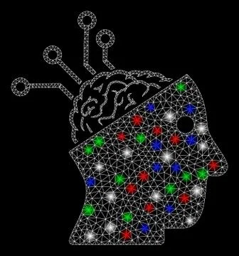 Bright Mesh Wire Frame Neural Interface Links with Light Spots 스톡 일러스트