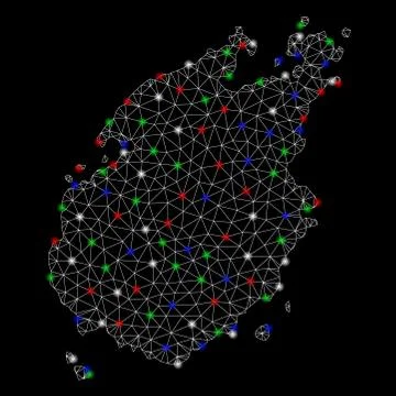 Bright Mesh Wire Frame Paros Island Map with Flare Spots Stock-Illustration