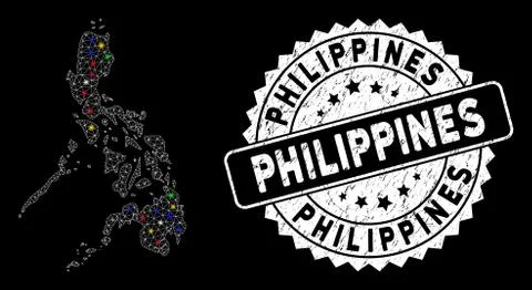 Bright Mesh Wire Frame Philippines Map with Flare Spots and Grunge Seal Stock Illustration
