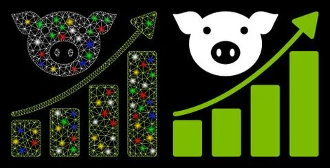 Bright Mesh Wire Frame Pig Growing Chart Icon with Flash Spots 스톡 일러스트