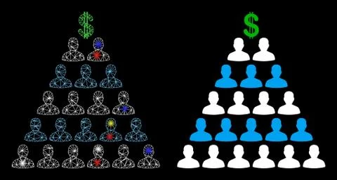 Bright Mesh Wire Frame Ponzi Pyramid Scheme Icon with Flash Spots Illustrazione stock