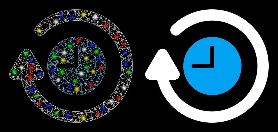 Bright Mesh Wire Frame Repeat Clock Icon with Light Spots 스톡 일러스트