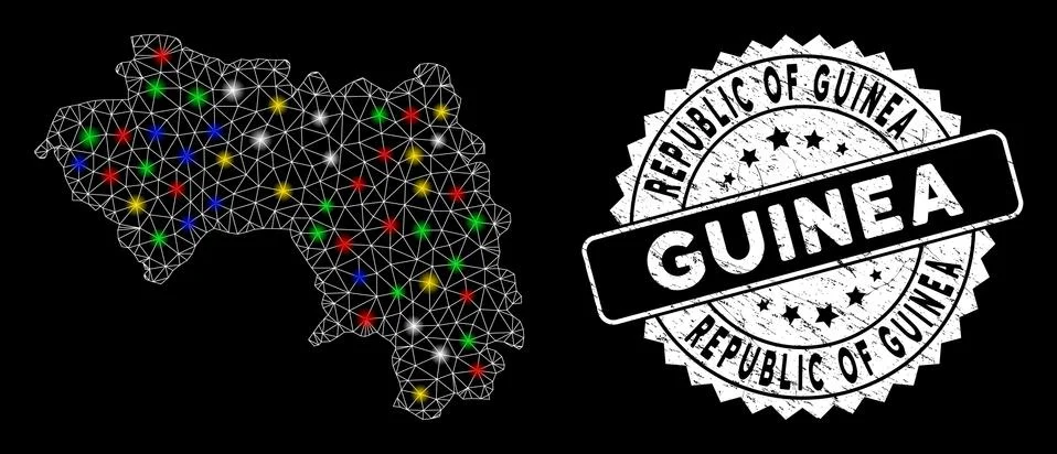 Bright Mesh Wire Frame Republic of Guinea Map with Light Spots and Scratched 스톡 일러스트
