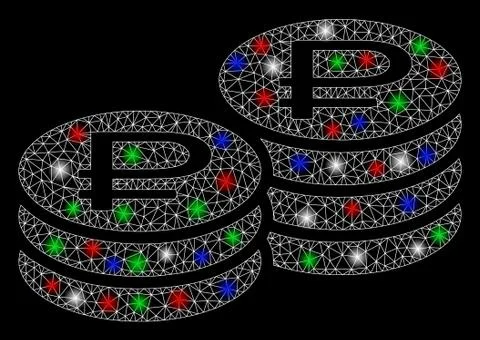 Bright Mesh Wire Frame Rouble Coin Stacks with Flare Spots Stock Illustration