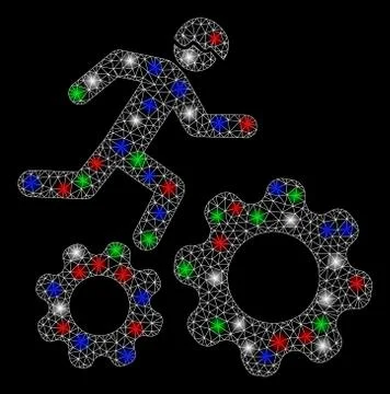 Bright Mesh Wire Frame Running Developer Over Gears with Flash Spots Stock Illustration