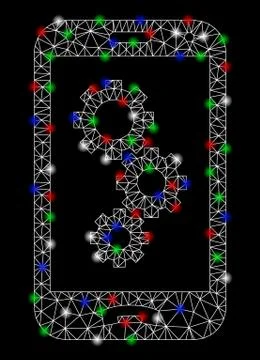 Bright Mesh Wire Frame Smartphone Settings Gears with Light Spots Stock Illustration