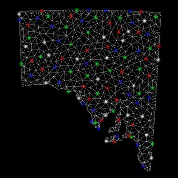 Bright Mesh Wire Frame South Australia Map with Flare Spots Stock Illustration