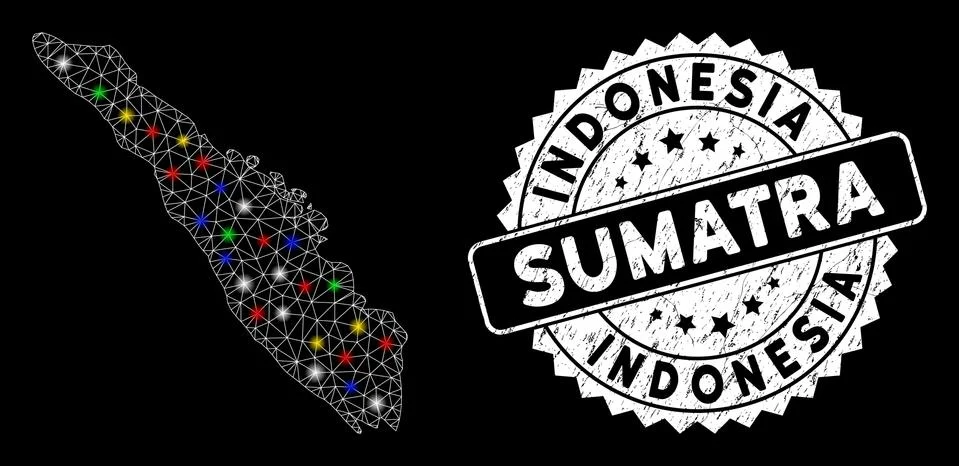 Bright Mesh Wire Frame Sumatra Island Map with Flare Spots and Rubber Stamp Stock Illustration