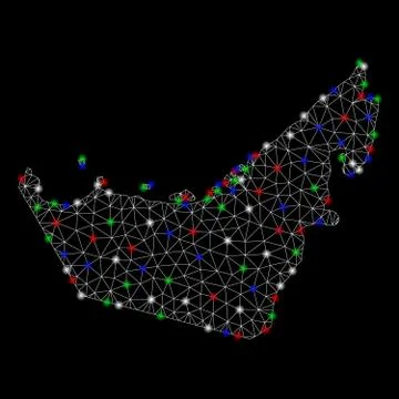 Bright Mesh Wire Frame United Arab Emirates Map with Flare Spots Stock Illustration
