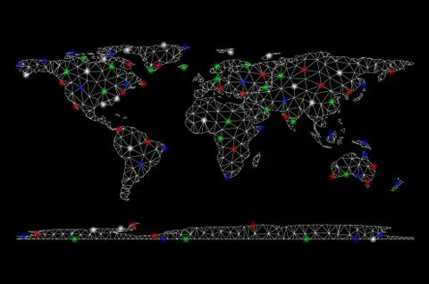 Bright Mesh Wire Frame World Continent Map with Light Spots Stock-Illustration
