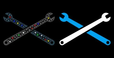 Bright Mesh Wire Frame Wrenches Icon with Flash Spots Stock-Illustration