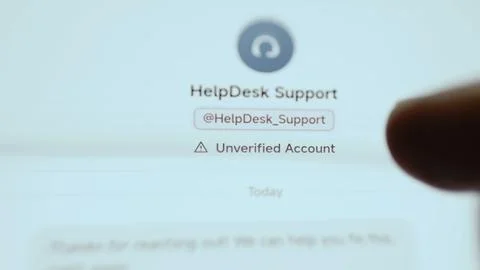 Bright messaging profile shows HelpDesk Support labeled as an unverified Stock Photos