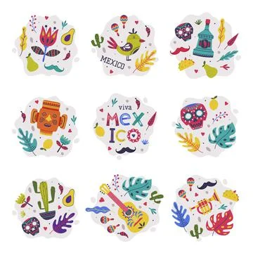 Bright Mexico Elements and Symbols Composition Vector Set Illustrazione stock