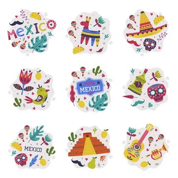 Bright Mexico Elements and Symbols Composition Vector Set Stock Illustration