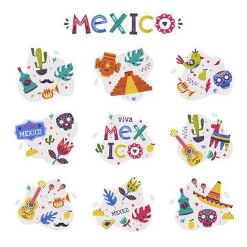 Bright Mexico Elements and Symbols Composition Vector Set Stock Illustration