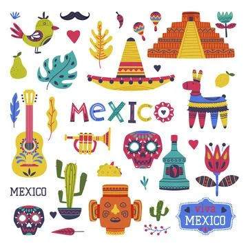 Bright Mexico Elements and Symbols with Pinata and Sombrero Hat Vector Set Illustrazione stock