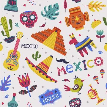 Bright Mexico Elements and Symbols Vector Seamless Pattern Template Illustrazione stock