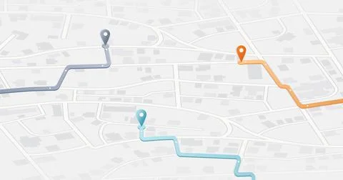 Bright minimal city map with three different colored navigation routes and pins 스톡 일러스트