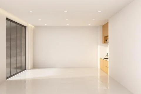 Bright minimalist room interior with white wall and shiny tiles floor with .. Stock Illustration