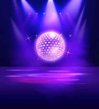 Bright mirror disco ball under spotlights, in neon purple. Stock Illustration