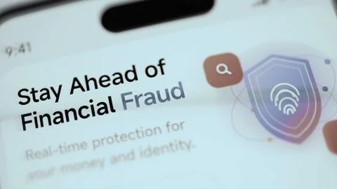 Bright mobile security screen says stay ahead of financial fraud 库存照片