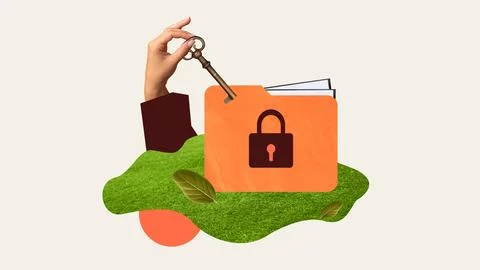 Bright modern collage. Locked folder with antique key in hand as symbol of Foto stock