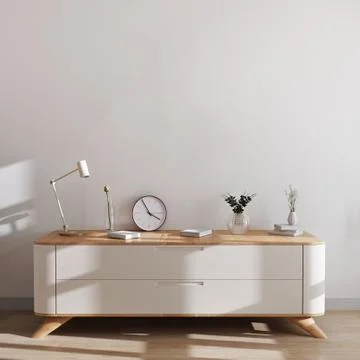 Bright modern interior background with white wall and white wooden chest of d Stock Photos