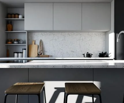 A bright, modern kitchen features light grey cabinets, a marble countertop .. Stock Illustration