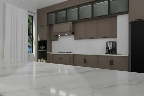 A bright, modern kitchen features a marble countertop in the foreground, le.. Stock Illustration